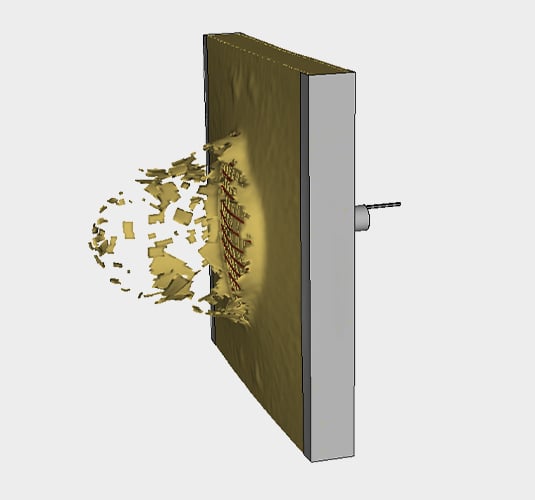 Computer generated simulation of a reinforced concrete wall subjected to a large impact.