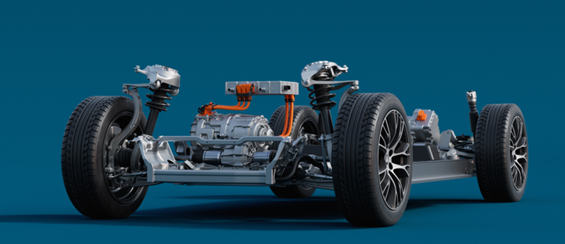3D simulation showing electrification of an automobile power train against a blue background.
