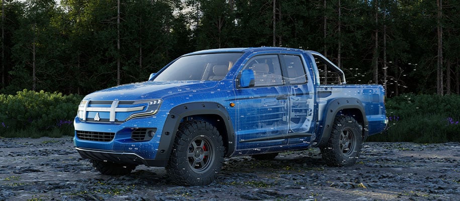 Digital rendering of a blue pickup truck with cutaway layers of data points and inner parts.