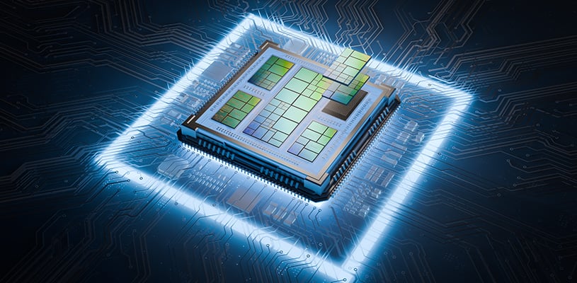 A conceptual digital rendering of a CPU and its chiplet configuration.