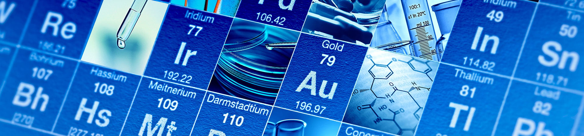 A zoomed-in view of the periodic table of elements, Au (Gold) focused in the center.
