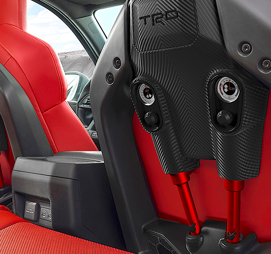 Close up photo of the ProX IsoDynamic Seat’s back frame design in the 2024 Toyota Tacoma™ TRD Pro model.