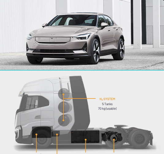 The 2024 Polestar 2 passenger vehicle is pictured above the Nikola Tre FCEV class 8 vehicle.