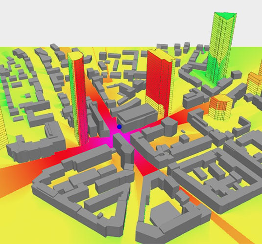 Computer generated simulation of a 3D city map that shows wireless network coverage.