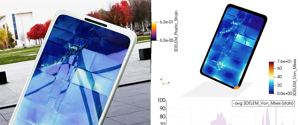 Simulation and results of a drop test on a smartphone.