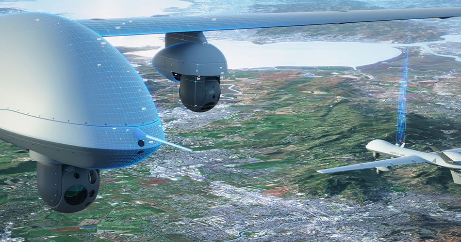 Drones flying over a city using digital twin technology