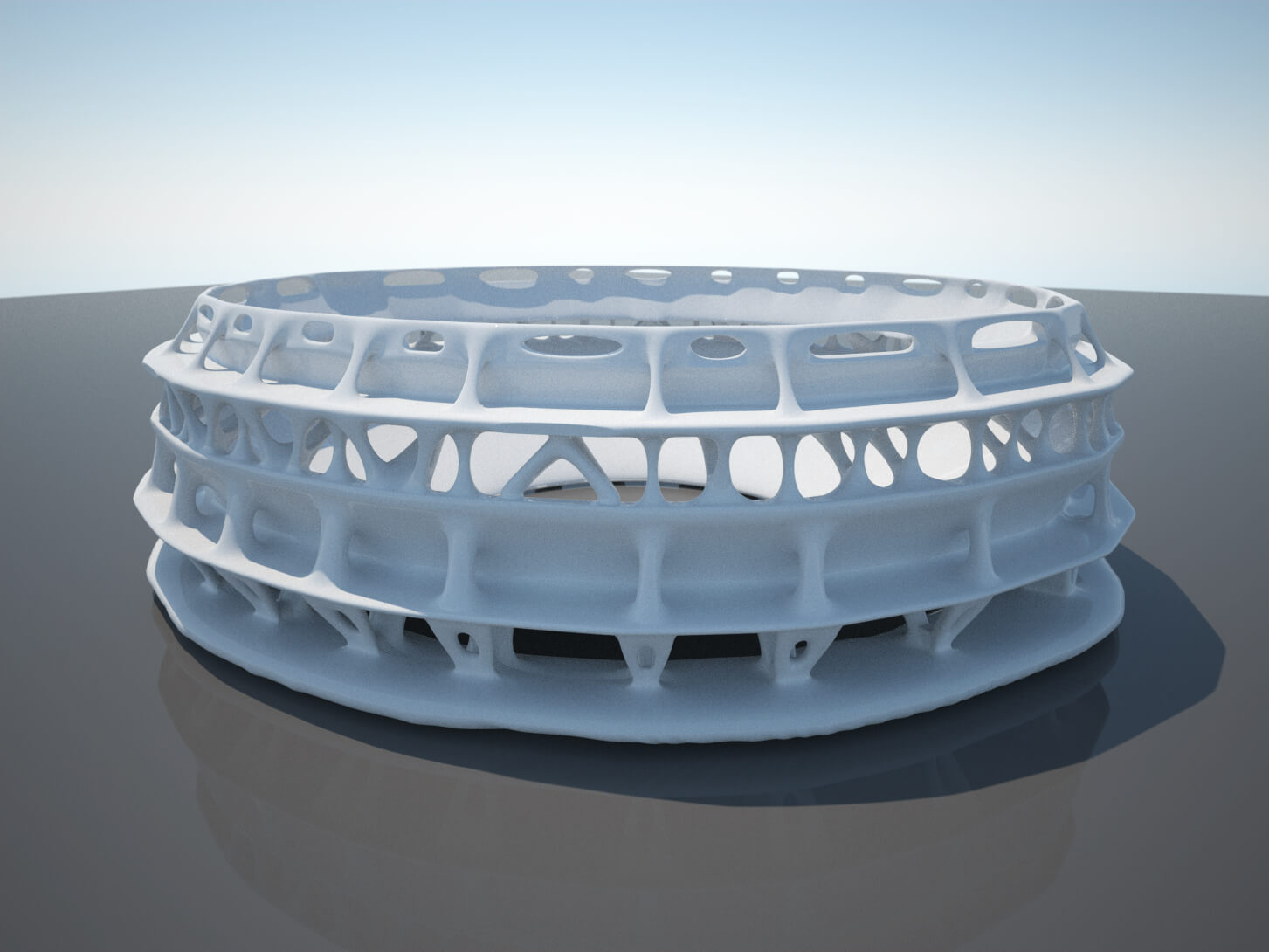 The re-design of the stadium using topology optimization techniques.