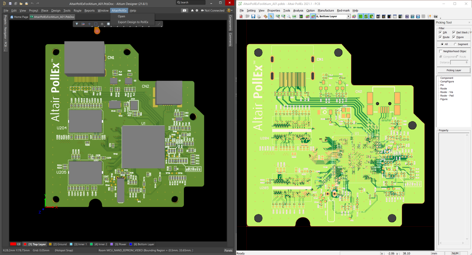 Altair PollEx enables PCB verification with the most popular ECAD programs, including Altium Designer, shown here in combination with the free tool Altair PollEx for Altium.   