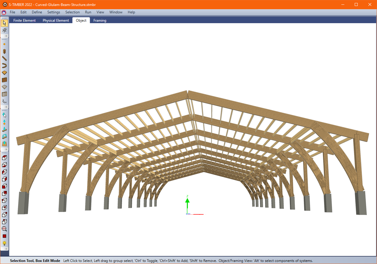 A timber model showing curved glulam column and beam design capabilities.
