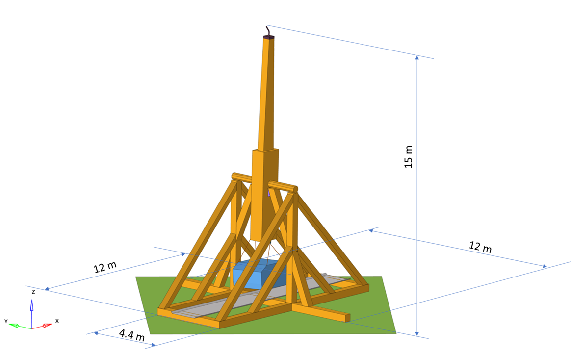 The trebuchet used in our simulation stands at an impressive 15 meters high.