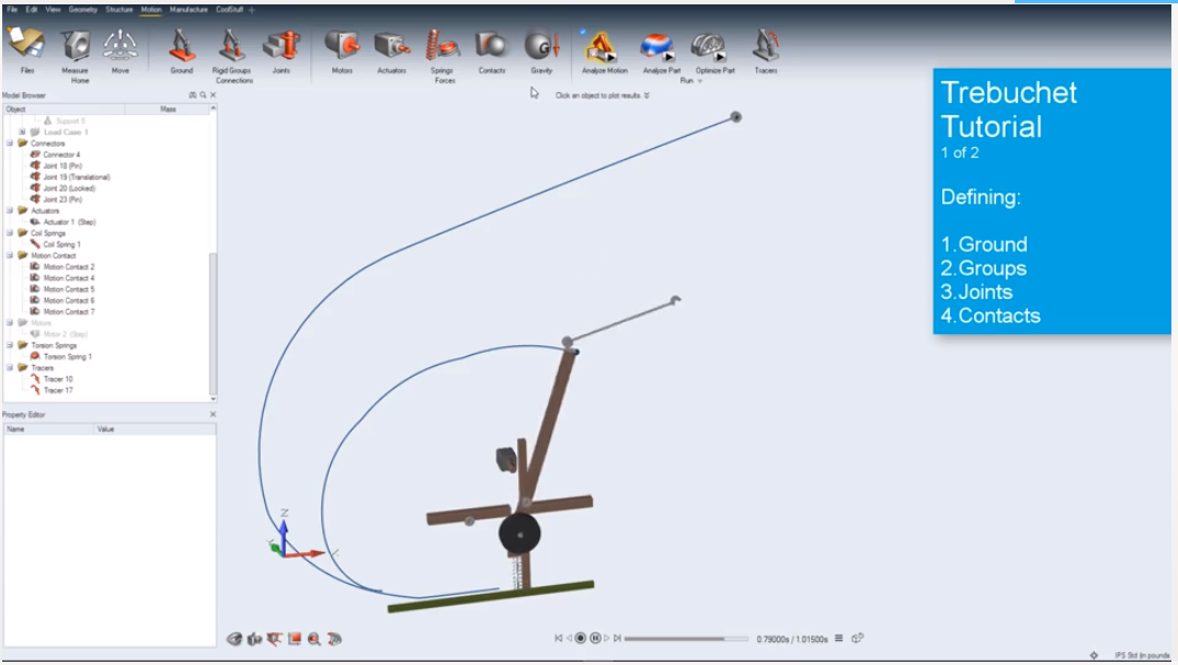Catapult Tutorial 1: Ground, Rigid Groups, Joints and Contacts and Results